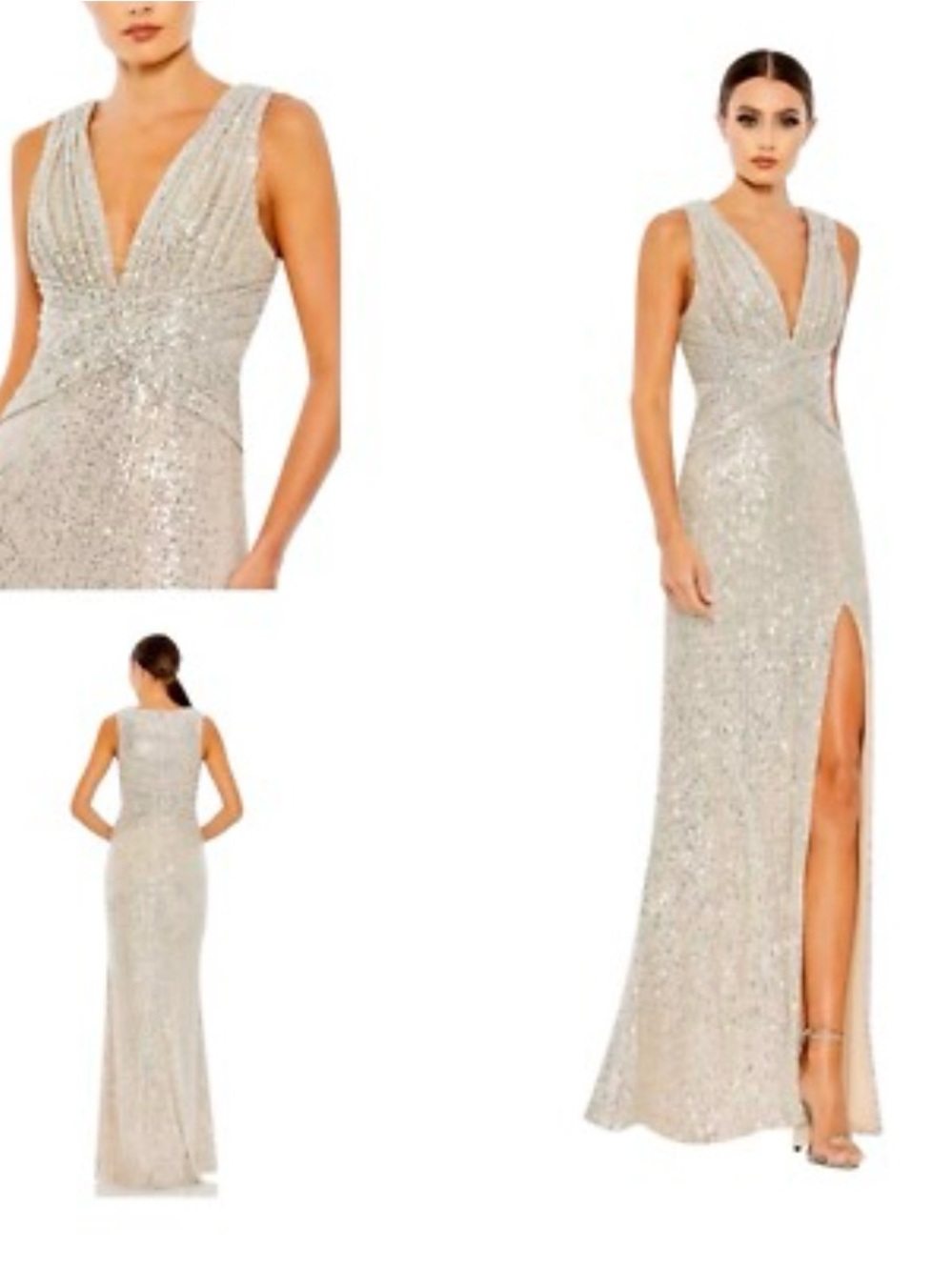 Mac Duggal nude Sequin V-Neck Maxi Gown with Thigh Slit